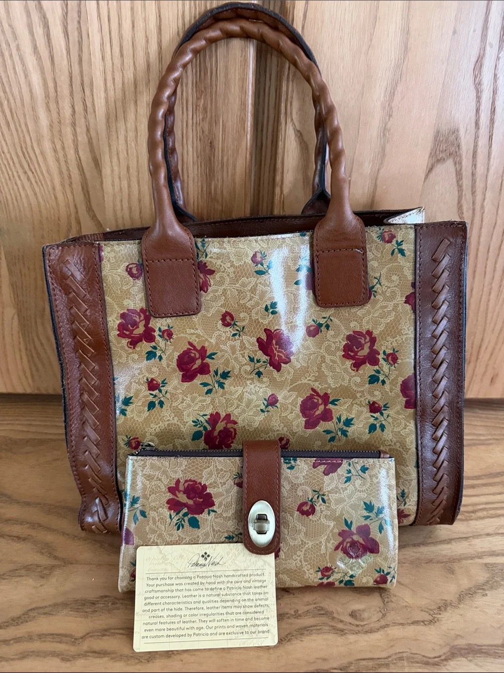 Patricia Nash Tan Floral Tote with Brown Trim and Matching Wallet